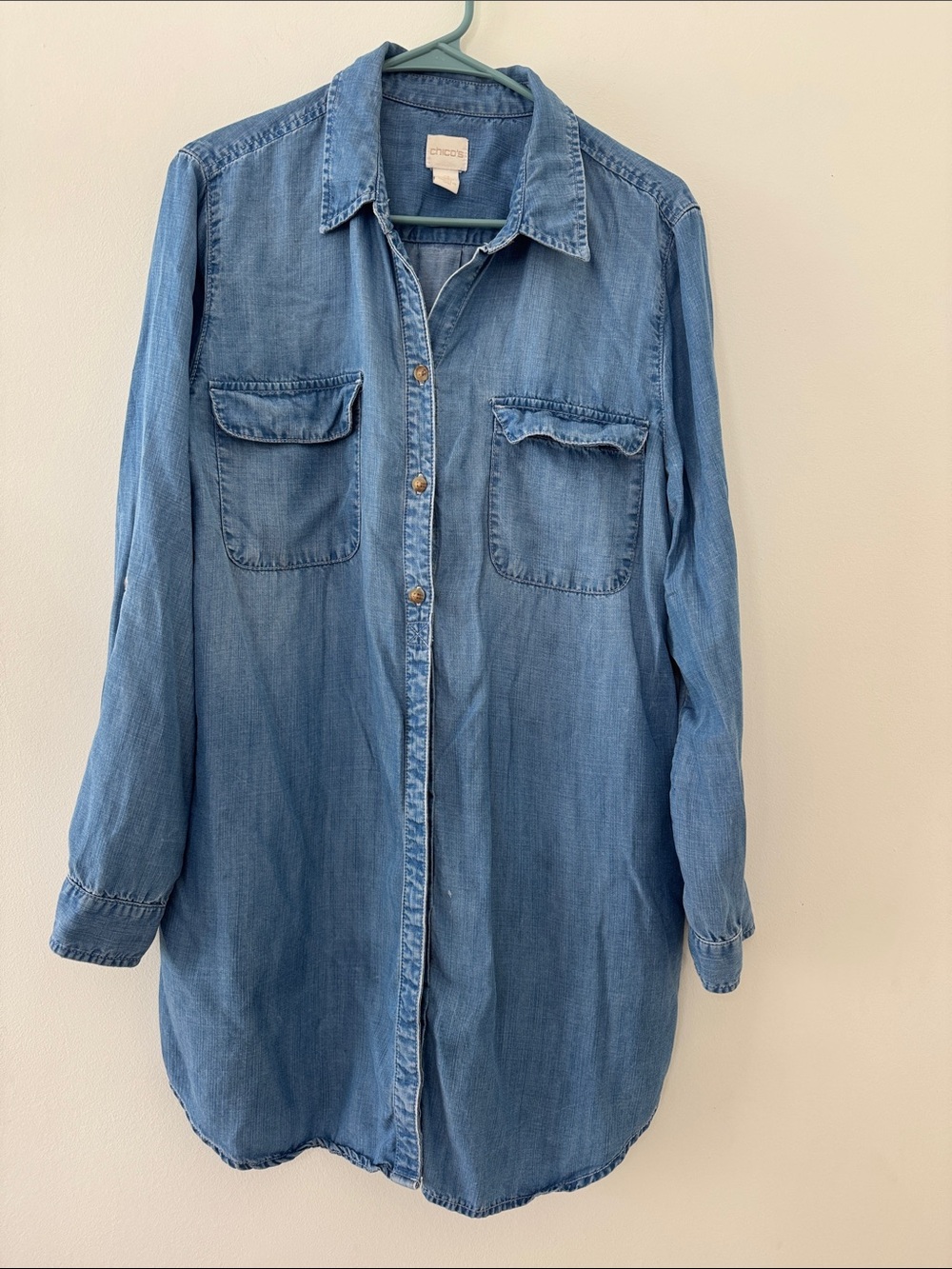 Chico's Medium Blue Denim Button-Front Utility Shirt Sz 2